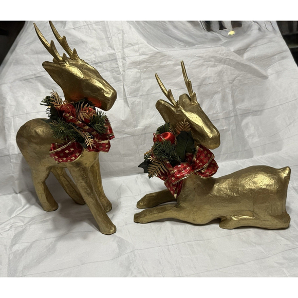 Other - Pair Of Papier Mache Gold Deer Christmas Decorations Reindeer Figurines Holiday